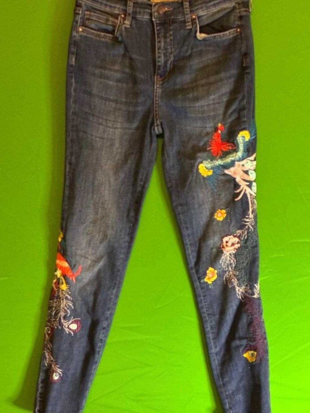 Free People Dark Blue Skinny Jeans with Colorful Floral Embroidery